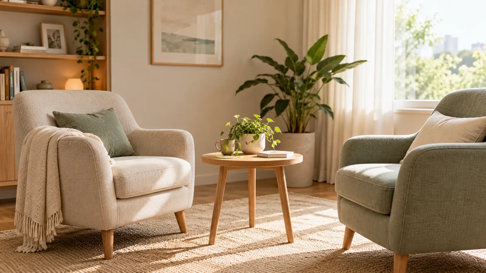 Espacio ilustrativo de atención psicológica con dos sillones