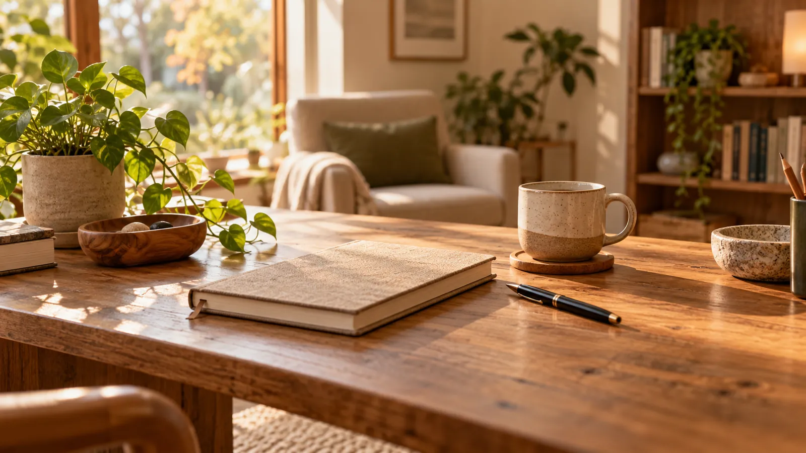 Cuaderno y taza en un escritorio de consulta psicológica